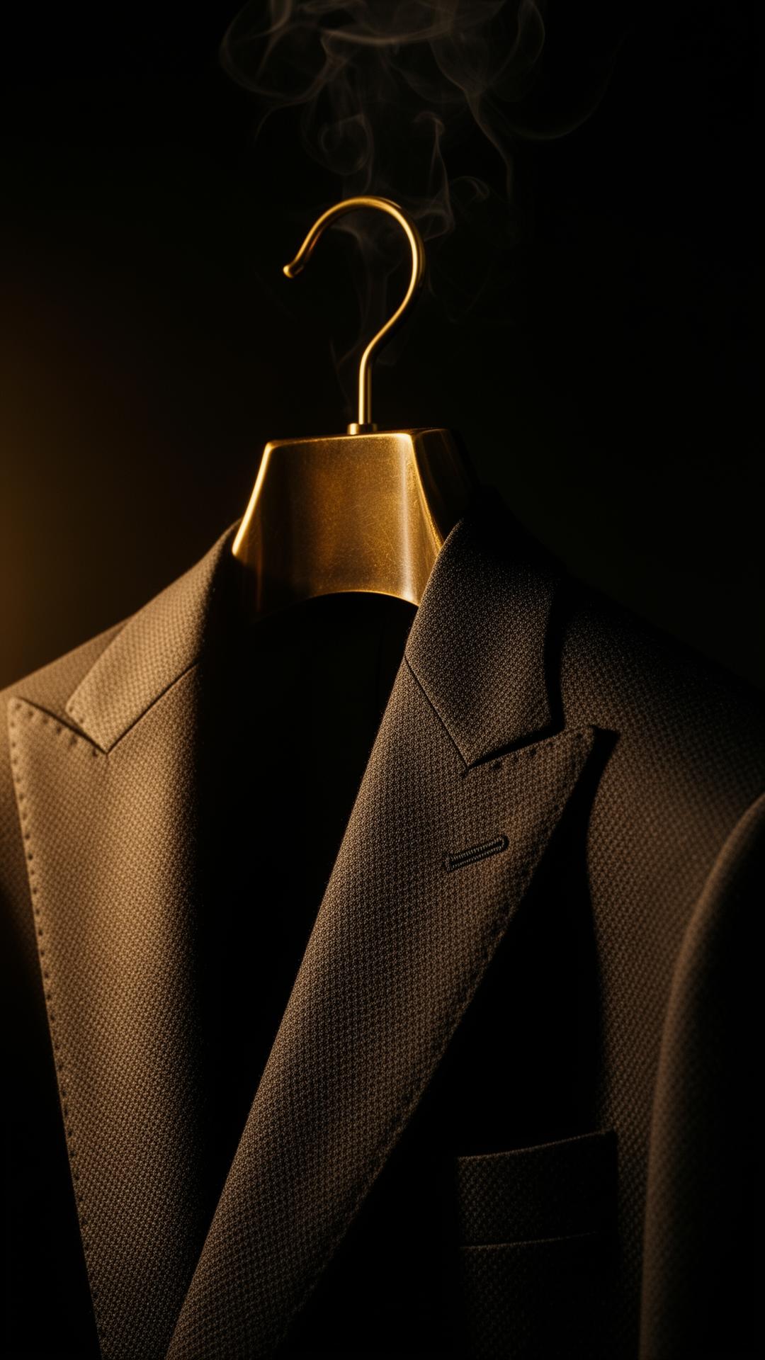 A tailored garment hanging on a brass hanger, soft cinematic light, steam rising